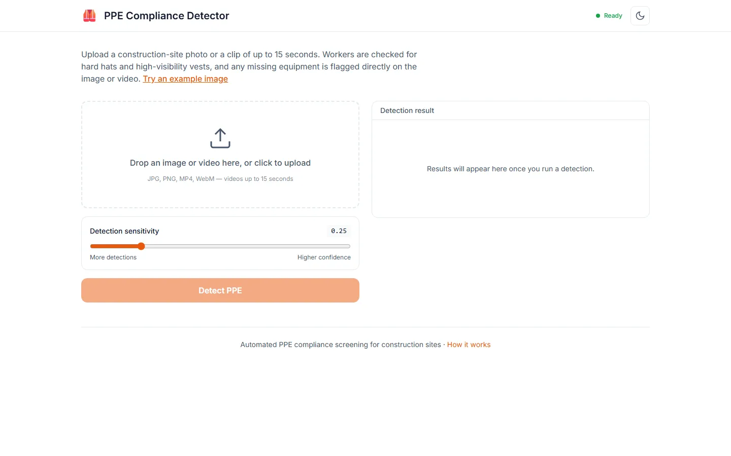 The PPE Compliance Detector app: an upload area for a site photo or clip, a detection-sensitivity slider and a results panel.