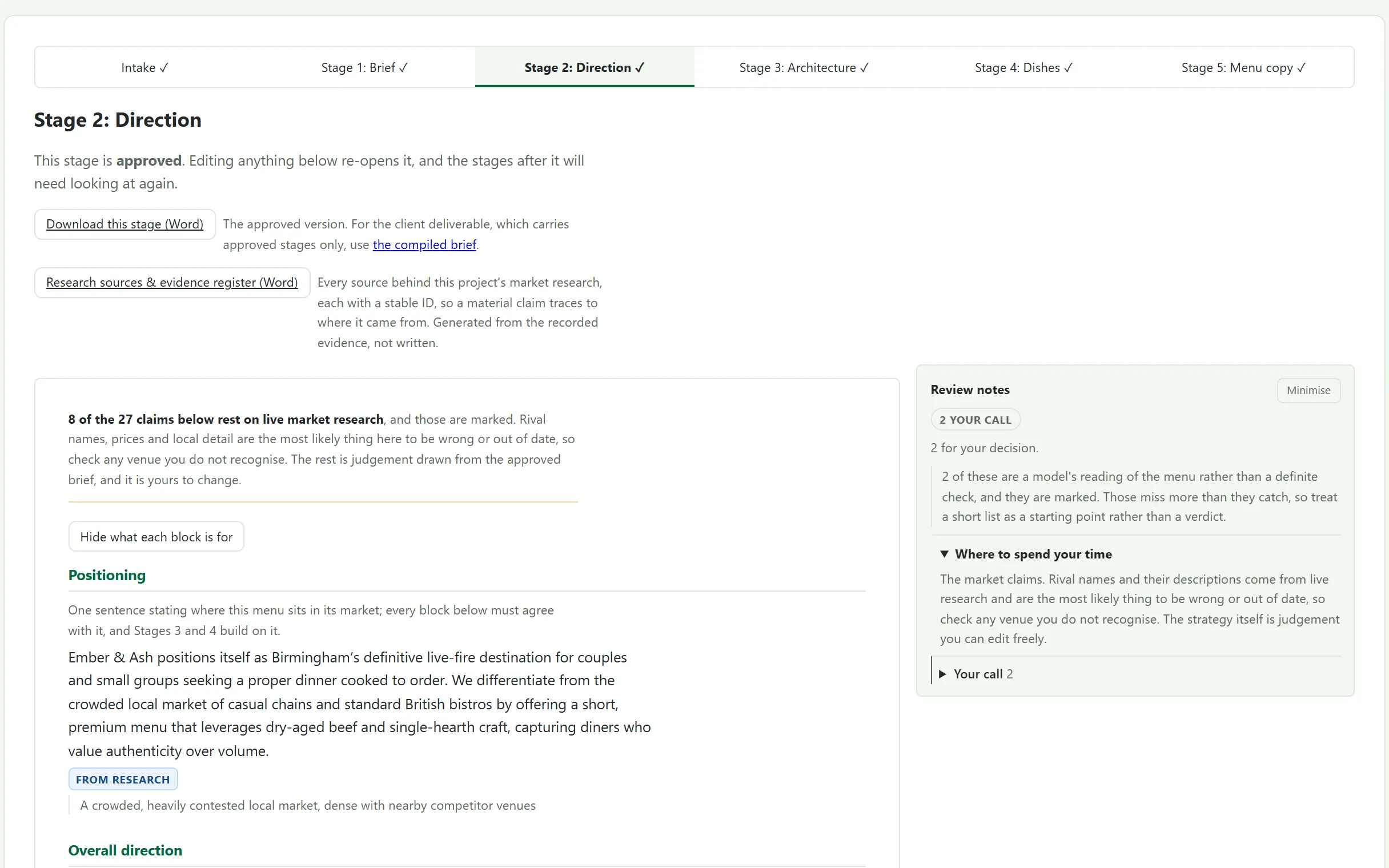 The app's Stage 2 page for a fictional demo client: the approved strategy, a note that 8 of its 27 claims rest on live market research, a Word evidence register, and review notes beside the text.